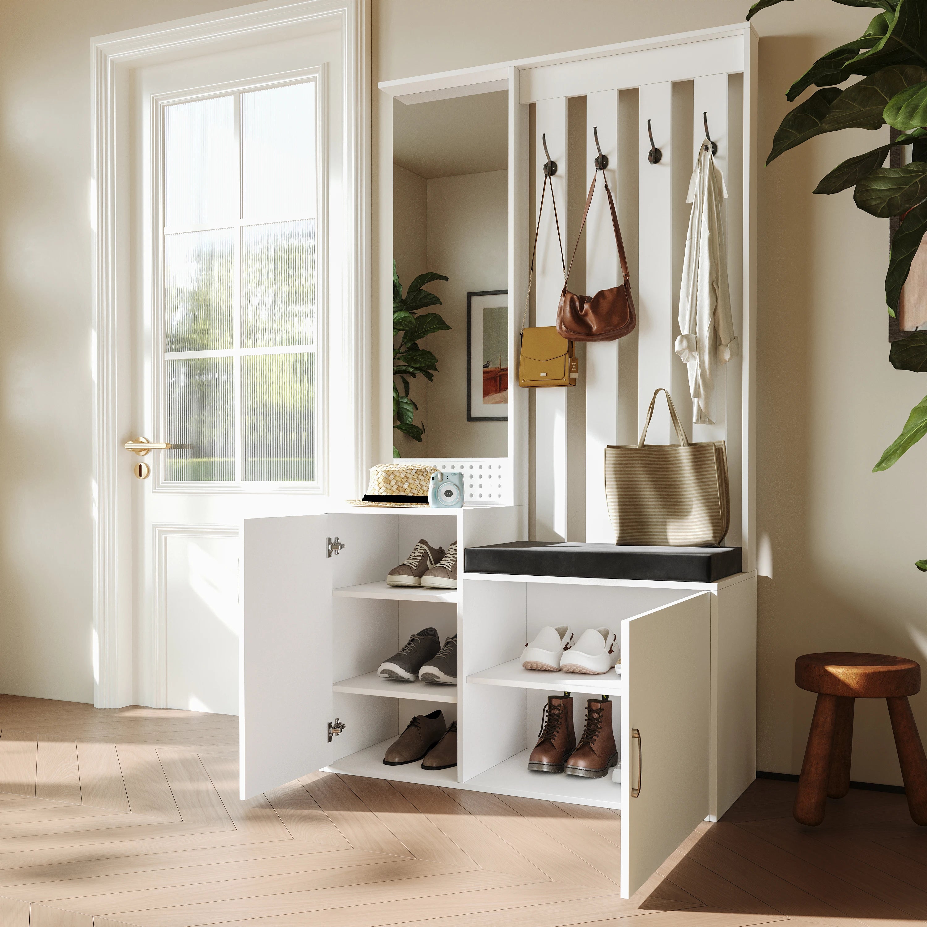 Vestiaire entree avec miroir banc et rangement chaussures