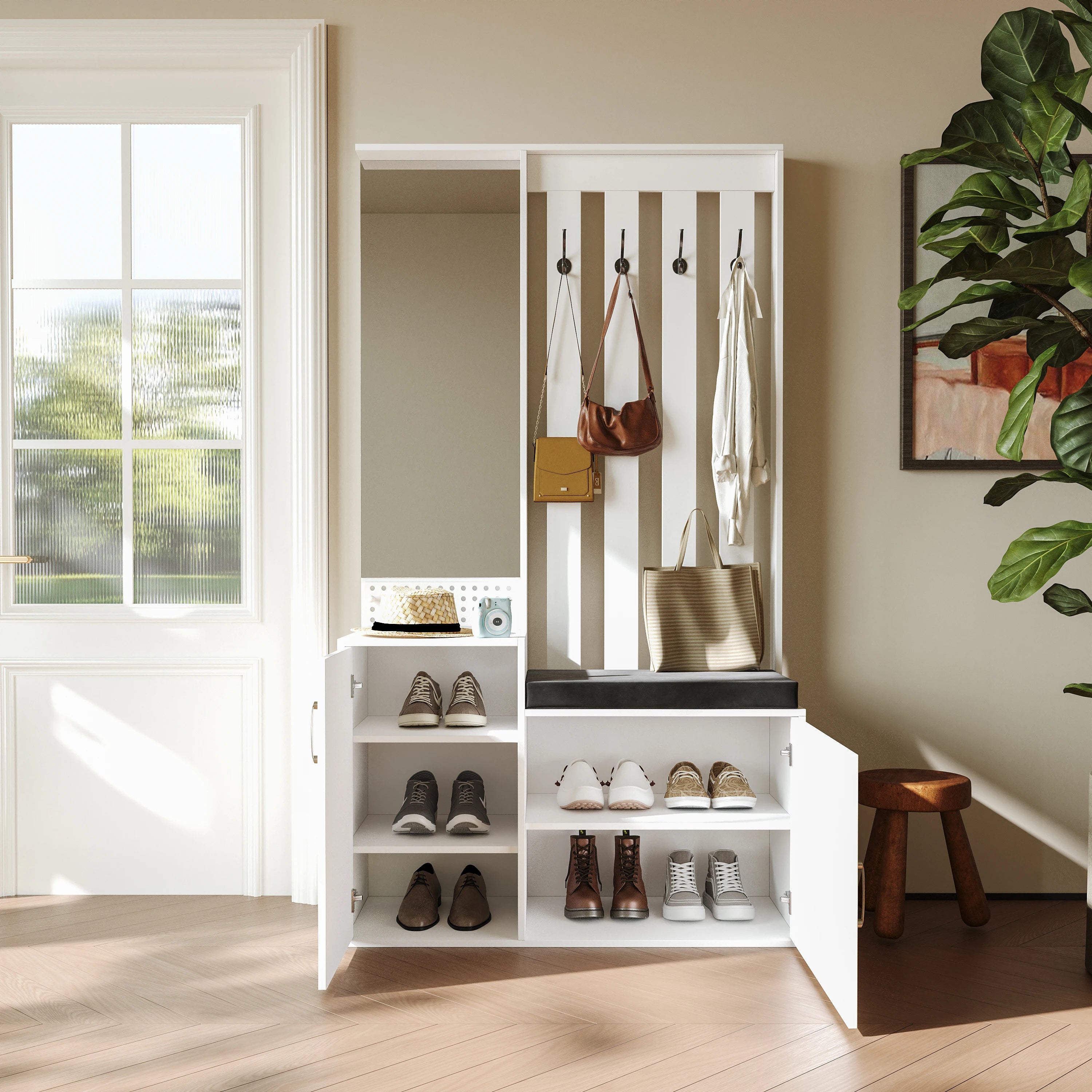 Vestiaire entree avec miroir banc et rangement chaussures