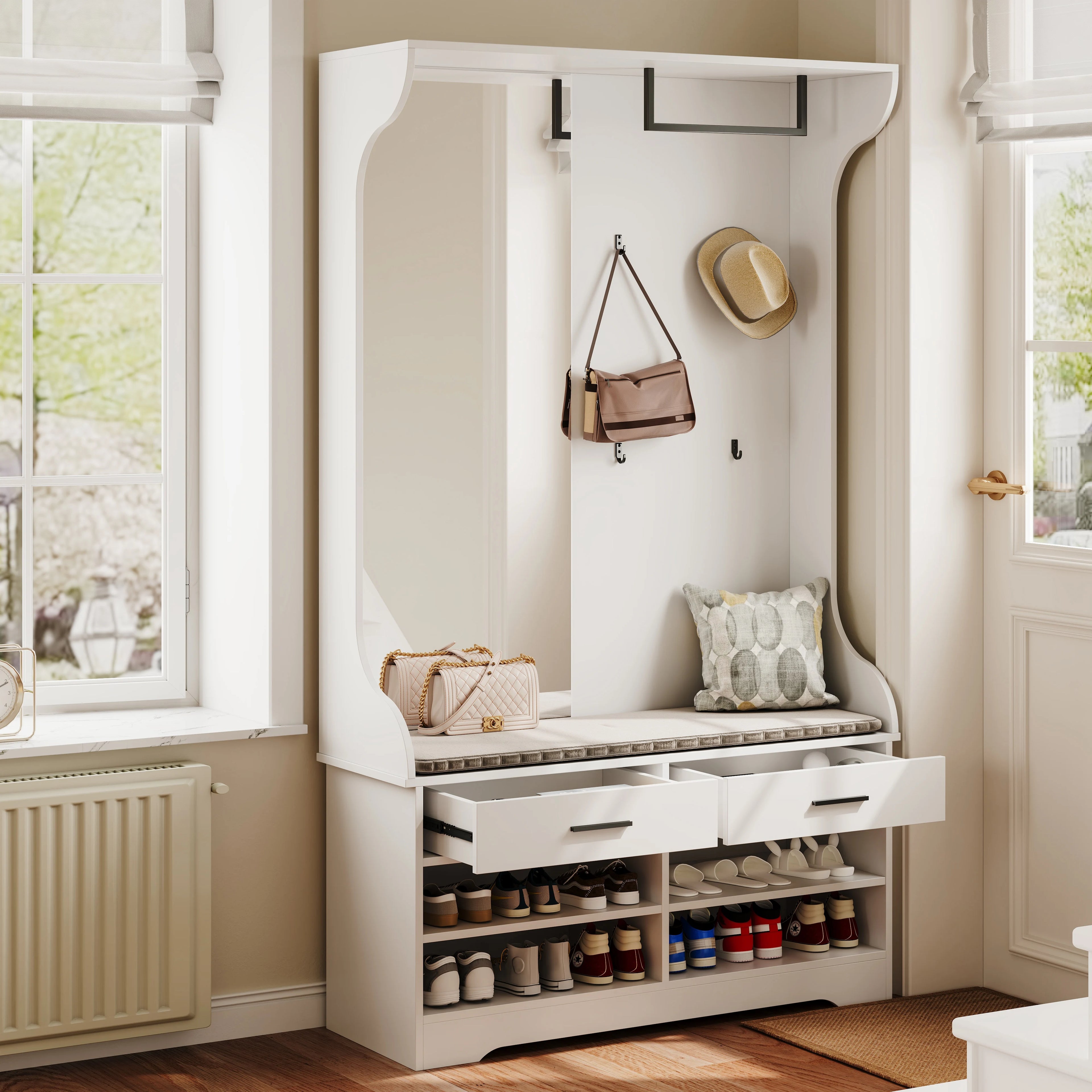 Meuble entree bois avec miroir banc et barre penderie