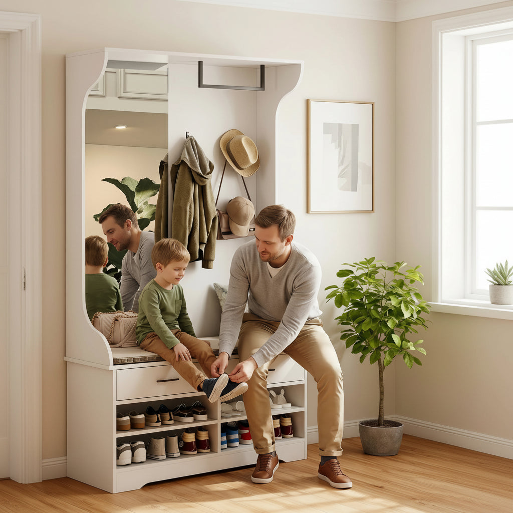 Meuble entree bois avec miroir banc et barre penderie