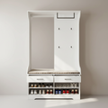 Meuble entree bois avec miroir banc et barre penderie