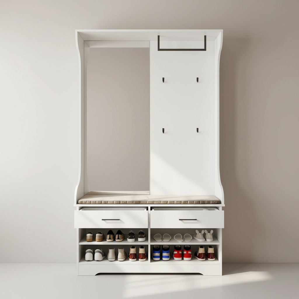Meuble entree bois avec miroir banc et barre penderie